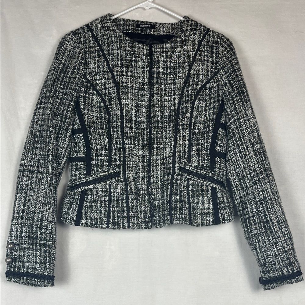 Black and White Shimmery Tweed Express Zip Up Blazer